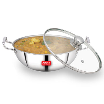 AVIAS Aspire Triply Kadai, Stainless Steel Kadhai with Glass Lid, 3 Layer, Steel Casted Handles, Flat Bottom Kadhai with Induction Base, 2.5 Mm Thickness, 1.5 Litre Capacity